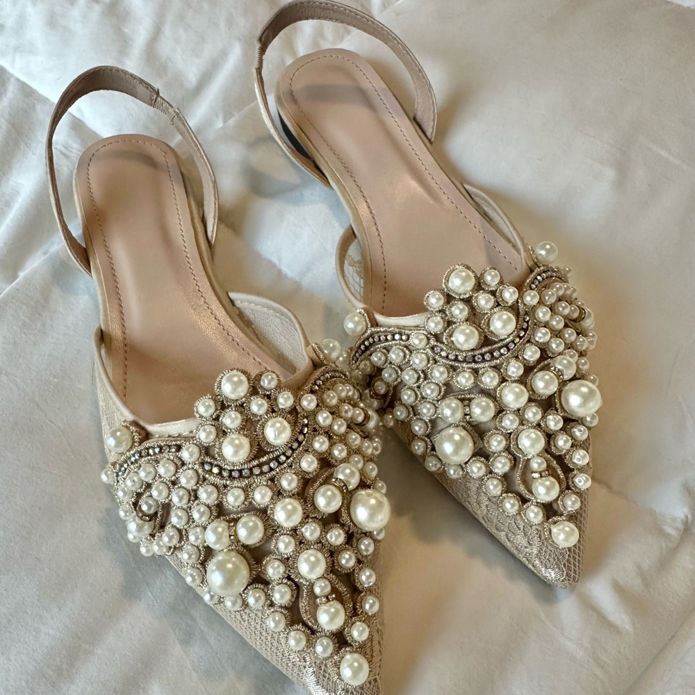 Beige lace mules flats. Never worn